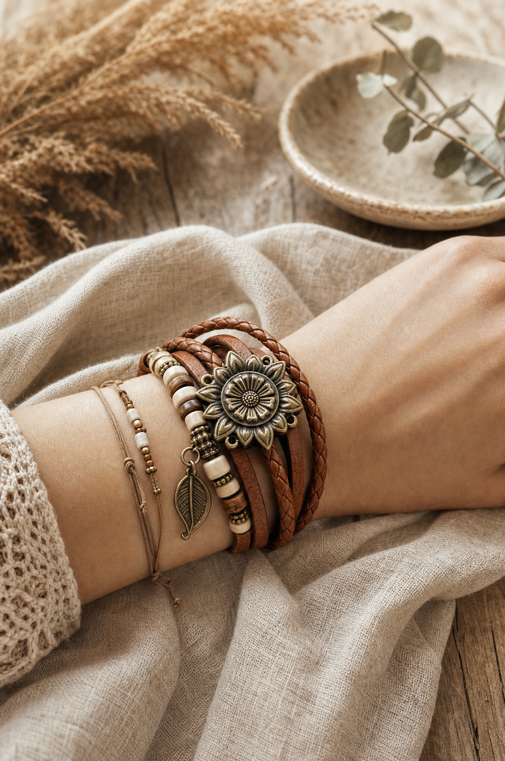 Bohemian Leaf Wrap Watch — styled