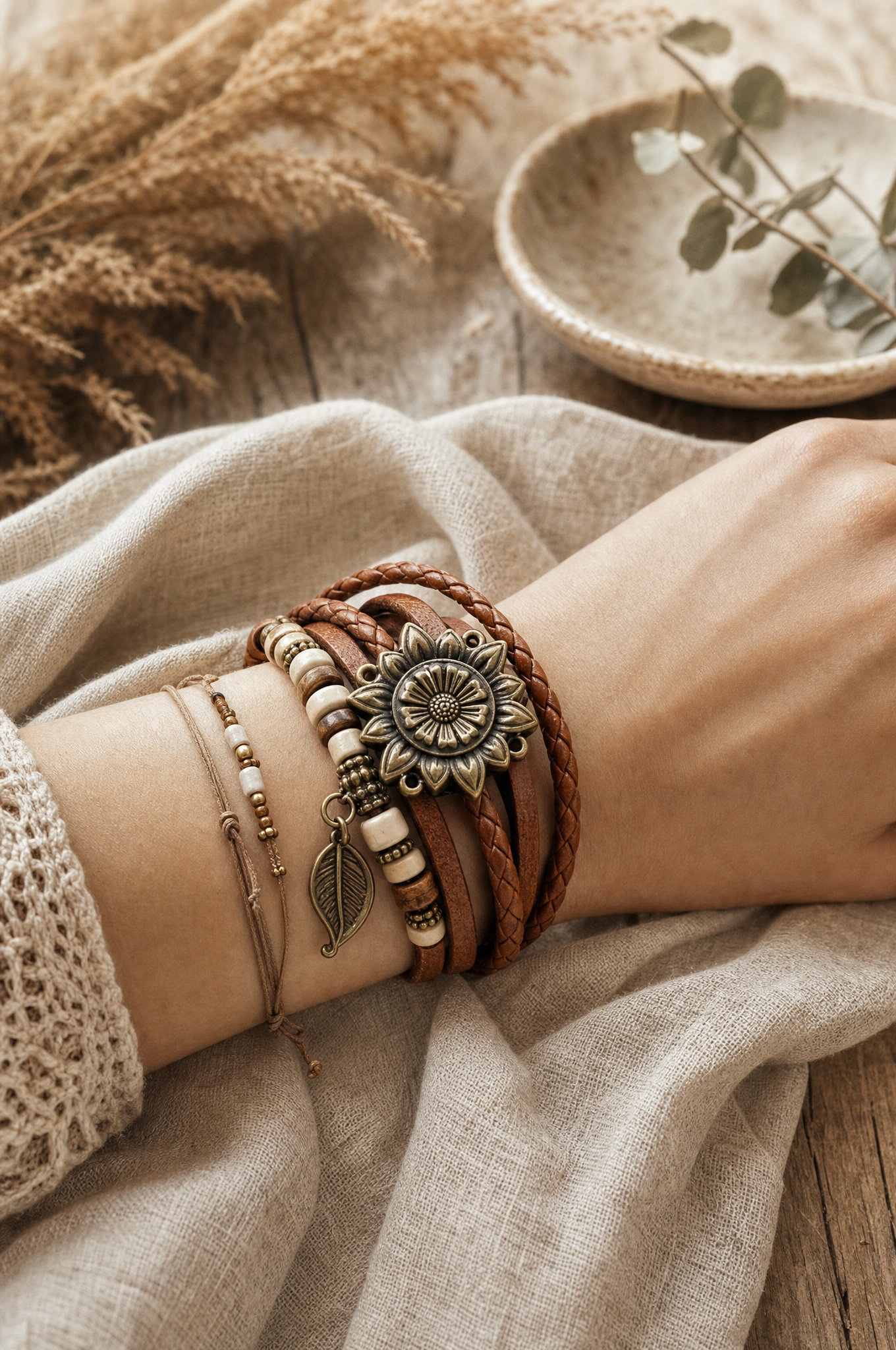 Bohemian Leaf Wrap Watch — styled