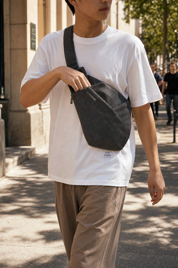 Canvas Crossbody Chest Bag — worn lifestyle