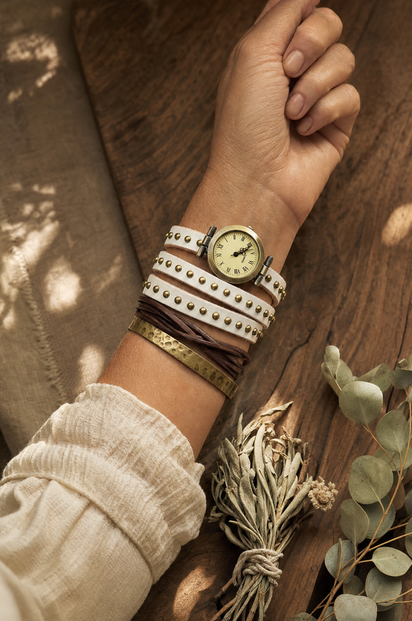 Rivet Leather Wrap Watch — styled