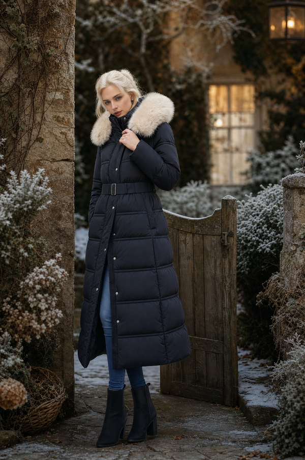 Belted Fur-Hood Long Coat — lifestyle